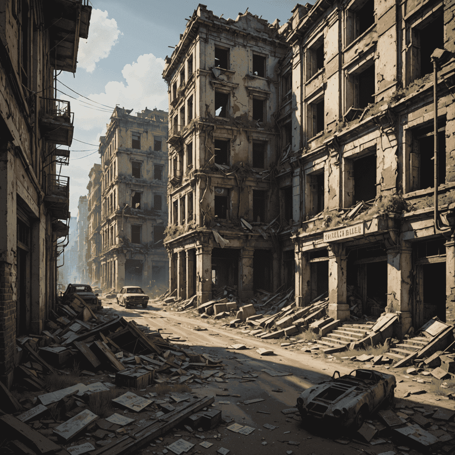 A detailed game environment showing a ruined city with subtle storytelling elements like propaganda posters, discarded items, and structural damage hinting at past events